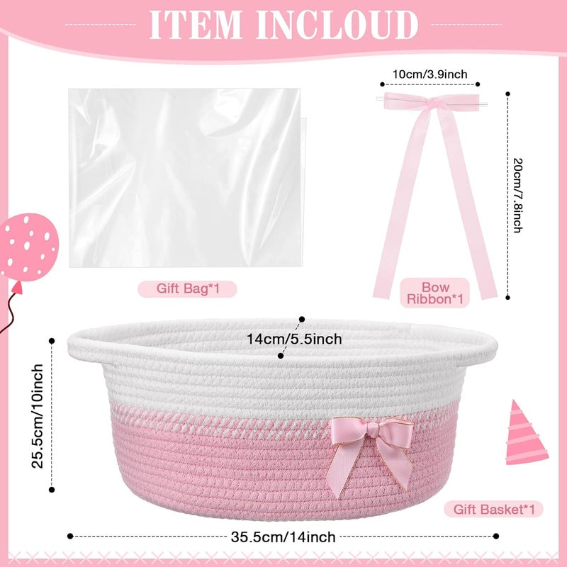 Colingmill Valentine Woven Gift Basket Empty with Ribbons Bow Tie and Bag, Valentine's Day Empty Decorative Chest Box, Woven Rope Storage with Handles Home Decor(14 x 10 x 5.5 Inch,Pink White) - Image 2